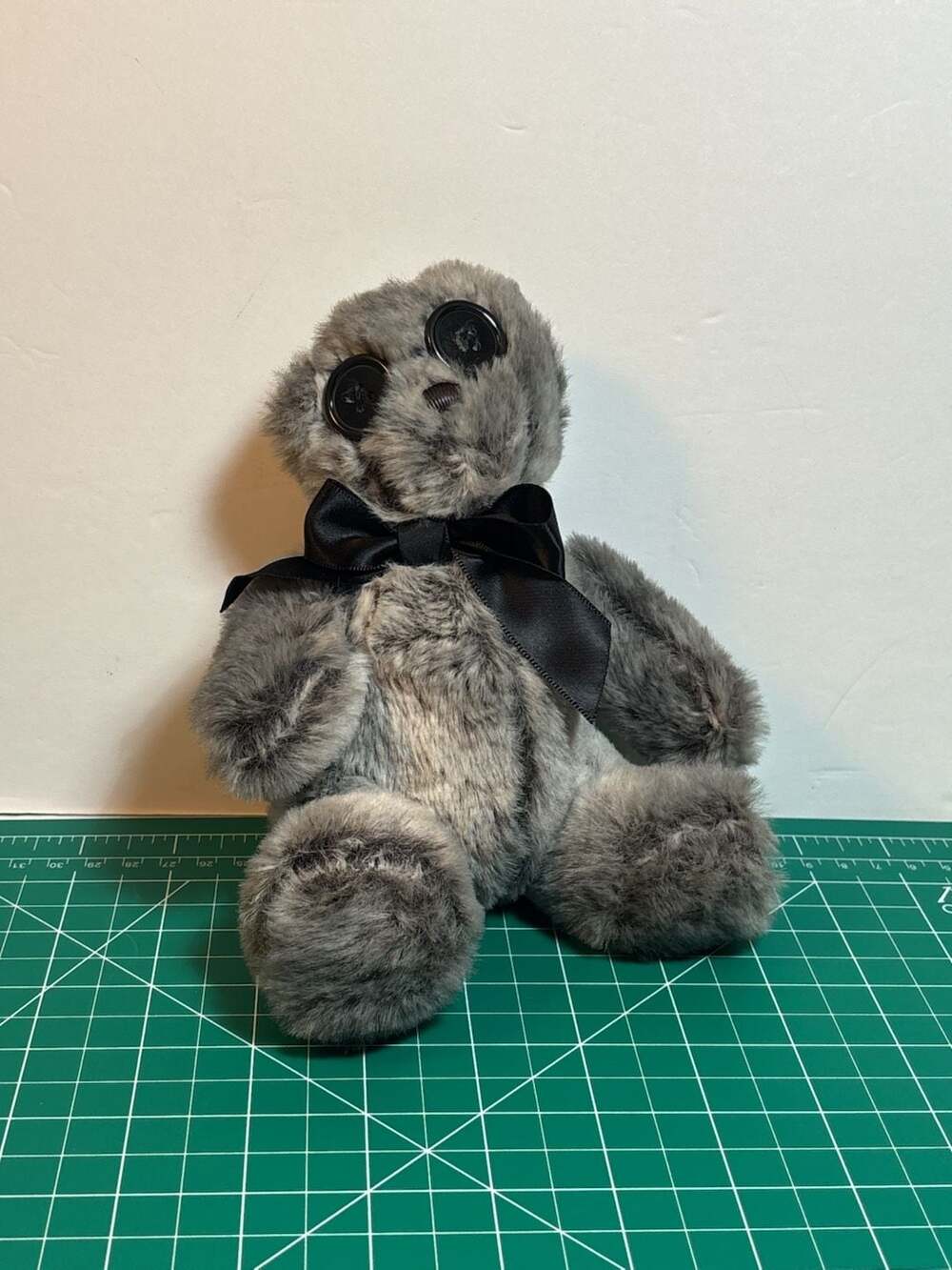 Gray Plush Teddy Bear with Button Eyes and Black Satin Bow